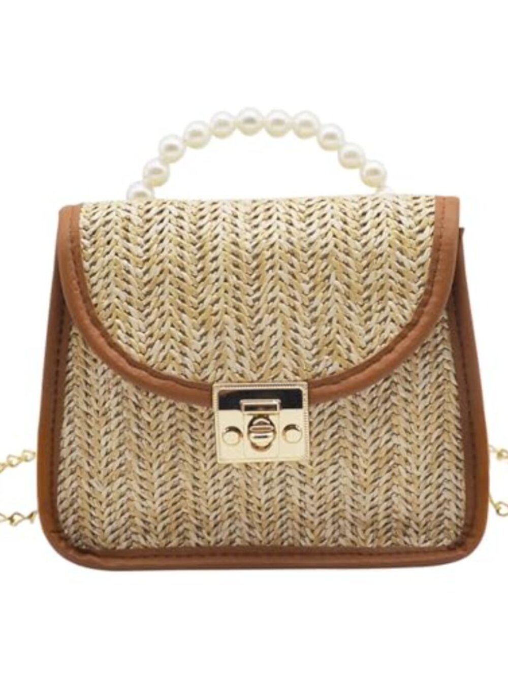 Mini Straw Crossbody Bag with Faux Pearl Top Handle Flap Purse